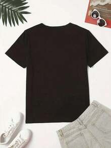 Camiseta de Manga Corta con Estampado de Retrato para Mujer Talla Grande, Camisetas Gráficas para Mujer, Tops de Algodón - Negro - Ver 3