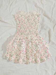 Vestido azul marino con cintura ceñida, plisado, sin tirantes, sexy, calado, con bordado y dobladillo fruncido, estilo vacaciones - Multicolor - Ver 2