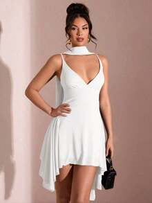 Vestido corto de gasa con escote en V profundo y cinta de color negro sólido, adecuado para citas diarias, salidas nocturnas, discotecas, fiestas, reuniones, fiestas de cóctel, monos de vacaciones, fiestas en la piscina, ropa de oficina, vestidos para ir y venir - Blanco - Ver 1