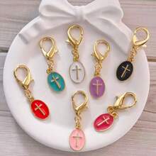 7pcs/10pcs Multicolor Cross-Shaped Keychain Set, Durable Metal Material, Oval Minimalist Design With Religious Symbols, Suitable For People With Religious Beliefs Or Seeking Spiritual Strength, Can Be Used As Bag Charms, Car Key Rings, Or Party Favors - Multicolor - View 6