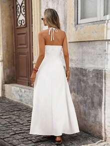 Vestido de gasa con estampado para primavera y verano con cuello de halter para mujeres - Blanco - Ver 2