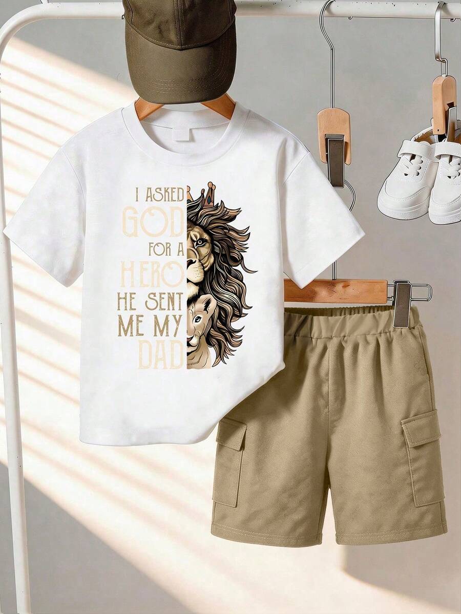 1 Set Boys' Short Sleeve T-Shirt And Shorts, Featuring Semi-Realistic Lion Head Graphic And "Hero Father" Text, Perfect Summer Gift For Teens, Suitable For School And Outdoor Wear In Spring/Summer - Multicolor - View 1