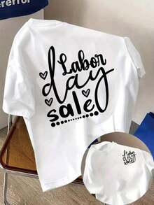 Blusas>Bonito Camiseta de manga corta estilo divertido para el Día del Trabajo para mujer, 100% algodón, corte holgado, estampado de texto escrito a mano, top deportivo transpirable, atuendo de verano, patrón de letras, camiseta de manga corta de para playa de verano para mujer adulta, tela transpirable, atuendo para la vuelta al cole, adecuada para actividades al aire libre, regalo ideal. 100% Cotton Blusas Para Mujer Casual - Blanco - Ver 1