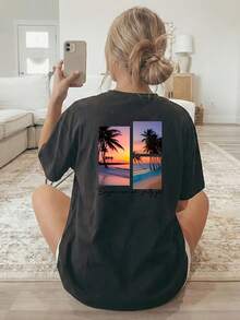 Esta camiseta de mujer presenta una impresión a doble cara con mangas cortas y cuello redondo, mostrando dos imágenes de palmeras y un atardecer en la playa, acompañadas de texto en inglés en la parte inferior. Es lavable a máquina, adecuada para uso casual. Traje de playa para damas / Chica veraniega / Estilo vacacional con plantas tropicales verdes / Paseo por la playa, edición limitada de verano / Versión fresca y cómoda para viajes de verano - Negro - Ver 2