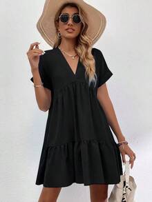LUNE Vestido con puños enrollados, dobladillo con volantes y unicolor borgoña para outfit de mujer - Negro - Ver 3