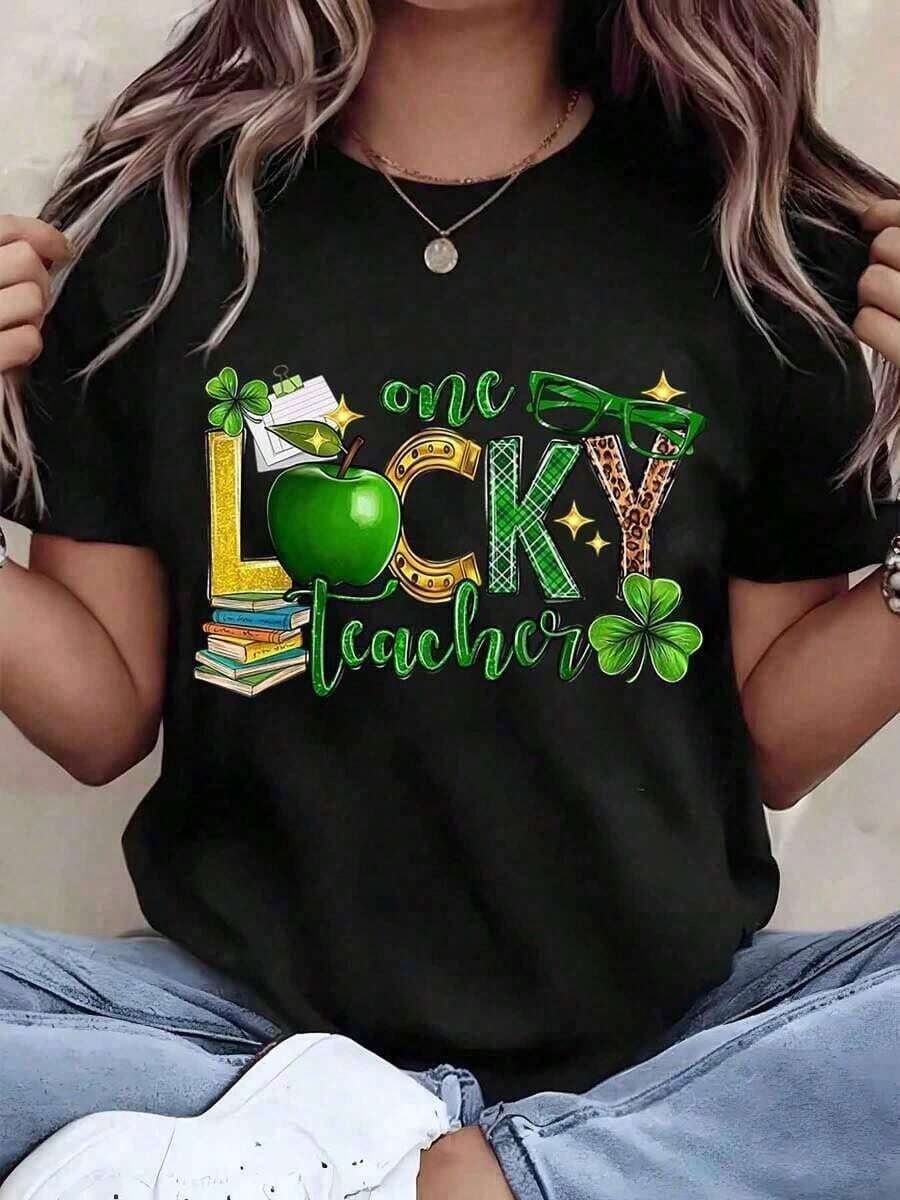 NewSummerCasual Women's "One Lucky Teacher" Print T-Shirt For St. Patrick's Day, Crew Neck, Casual Style, Teacher Gift, 180g, 100% Cotton, Designs Are Printed. Unisex.-Unisex Urban Vintage Style Loose Fit Short-Sleeve Cotton Crew Neck T-Shirt. - 黑色 - 查看 1