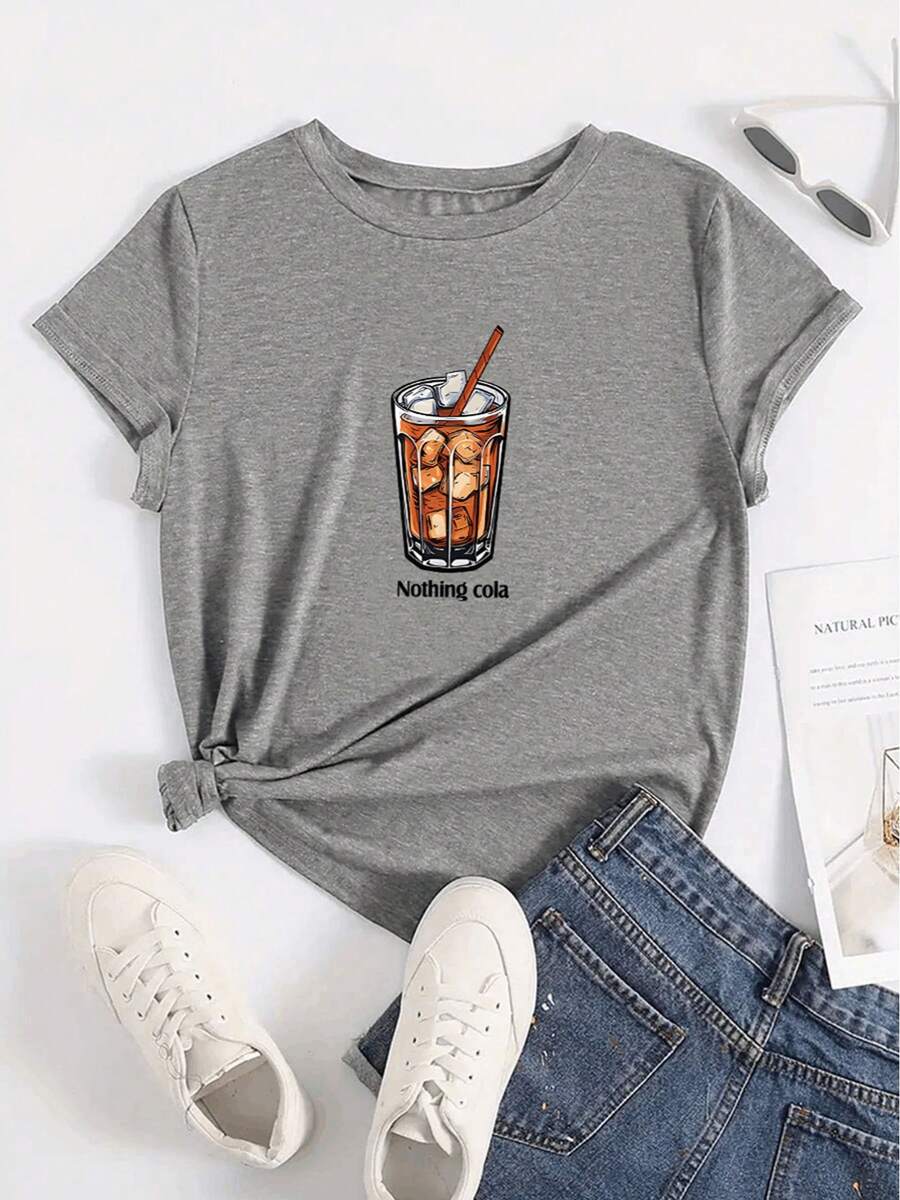 Women's Printed T-Shirt Spring Summer Casual Loose Round Neck Short Sleeve - 灰色的 - 查看 1