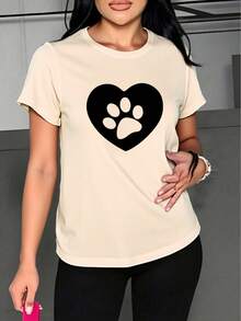 Camisetas Mujer Estampado Huella Corazón Primavera Verano Casual Suelta Cuello Redondo Manga Corta - Albaricoque - Ver 5