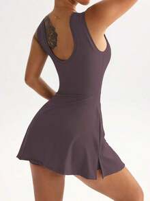 Falda deportiva 2 en 1 antidestellos, elegante y casual para golf y tenis, de estilo básico sin mangas, de nueva moda, con cinturón de cintura alta, estilizadora, sexy y ajustada, de estilo universitario, sin espalda, para deportes, fitness y yoga - Morado - Ver 4