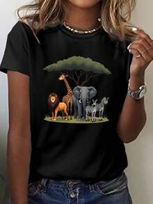 Women's T-Shirt With African Wildlife Print - Casual Short-Sleeved Crew Neck T-Shirt With Giraffe, Lion, Elephant, Zebra, And Acacia Tree Prints. Breathable, Machine-Washable Fabric, Suitable For Comfortable Everyday Wear In Spring And Summer. | Eye-Catching Print T-Shirt, Women's Pure Cotton T-Shirt With Print. - 黑色 - 查看 7