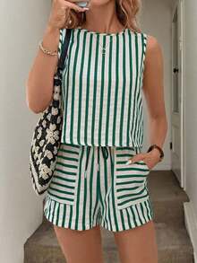 Set de 2 piezas de top corto sin mangas a rayas y pantalones, conjunto informal de verano con bolsillos para mujer - Verde - Ver 1