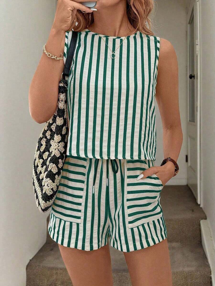 Set de 2 piezas de top corto sin mangas a rayas y pantalones, conjunto informal de verano con bolsillos para mujer - Verde - Ver 1