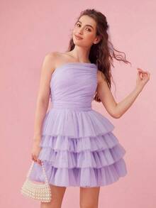 Vestido de malla con volantes y pliegues asimétricos - Púrpura malva - Ver 4