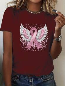 Plus Size - Women's Crew Neck T-Shirt With Pink Ribbon And Wings Print - 酒紅色 - 查看 6