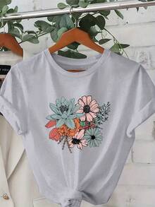 Plus Size - Plus Size - Fashionable Short Sleeve Crew Neck Printed T-Shirt, Plus Size Women's Clothing, Women's Clothing - 淺灰色 - 查看 6