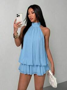 Vestido mini elegante de mujer con escote halter y lazo en color beige - Azul - Ver 6