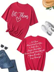 Camiseta de talla grande con estampado de letras, camiseta casual de manga corta con cuello redondo, ropa de talla grande para mujer - Rojo - Ver 6