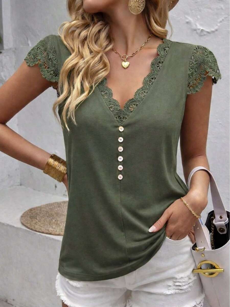 Women's Solid Color Contrast Lace Button Design Cap Sleeve Blouse - Khaki - View 1
