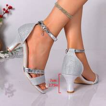 Silver Glitter High Heel Sandals, Versatile Strap Party & Wedding Shoes, Mid-Heel Comfortable Design For Plus Size - Silver - View 8