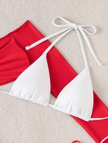 Conjunto de 3 piezas de traje de baño negro y blanco para mujer, conjunto de traje de baño casual y sexy de 3 piezas para resort de playa, conjunto de traje de baño de 3 piezas para mujer, Bottom de traje de baño para mujer, conjunto de playa negro y blanco para mujer - Rojo - Ver 6