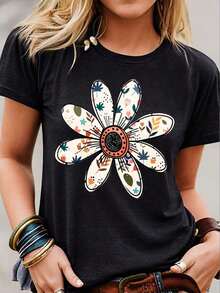 1 Piece, Three Pack Women's Short Sleeve Crew Neck T-Shirts, Vintage Casual Sporty Style, With Heart And Flower Print, 180g, 100% Cotton, Designs Are Printed. Unisex. - 黑色 - 查看 3