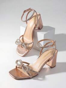Women Bow Knot Rhinestone Chunky High Heeled Sandals Fashion Open Toe Slingback With Ankle Buckle High Heeled Sandals Comfortable Dress Summer Shoes For Wedding Party Bridal Prom - 香檳色 - 查看 1