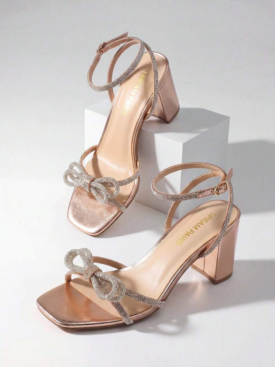 Women Bow Knot Rhinestone Chunky High Heeled Sandals Fashion Open Toe Slingback With Ankle Buckle High Heeled Sandals Comfortable Dress Summer Shoes For Wedding Party Bridal Prom - 香檳色 - 查看 1