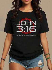 Text With Biblical Reference John 3:16 Accompanied By A Crown Of Thorns That Symbolizes Sacrifice And Eternal Divine Love, Women's T-Shirt 100% Cotton 220g, Maija Curvy Women. - 黑色 - 查看 9