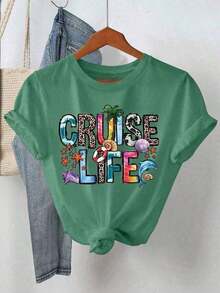 1 Piece Women's Short Sleeve Crew Neck T-Shirt With "Cruise Life" Letter Print - White And Navy, Off Shoulder Crop Top For St. Patrick's Day, 100% Soft Cotton. - 杏色 - 查看 5