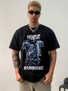 Camiseta negra de verano con estampado abstracto de animales y letras para hombre, estilo vintage urbano, unisex, holgada, de algodón, manga corta, cuello redondo. - Negro - Ver 6