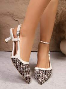 Summer New Fashion Comfortable, Retro Elegant Popular Pointed Toe Backless Shoes, Low Heel Rhinestone Buckle Slip-On Shoes, Outdoor Date Commute Versatile Low Heel Chic High Heels - White - View 2