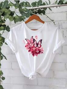 Camiseta de manga corta estampada para mujer, patrón de moda casual y moderno, diseño floral de mariposas, estilo urbano, adecuada para primavera, verano y otoño - Blanco - Ver 1