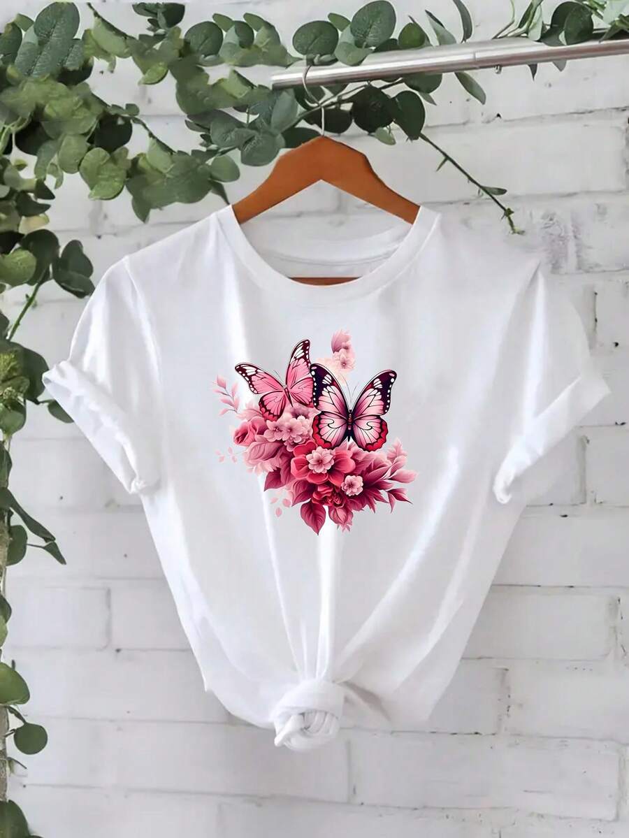 Camiseta de manga corta estampada para mujer, patrón de moda casual y moderno, diseño floral de mariposas, estilo urbano, adecuada para primavera, verano y otoño - Blanco - Ver 1