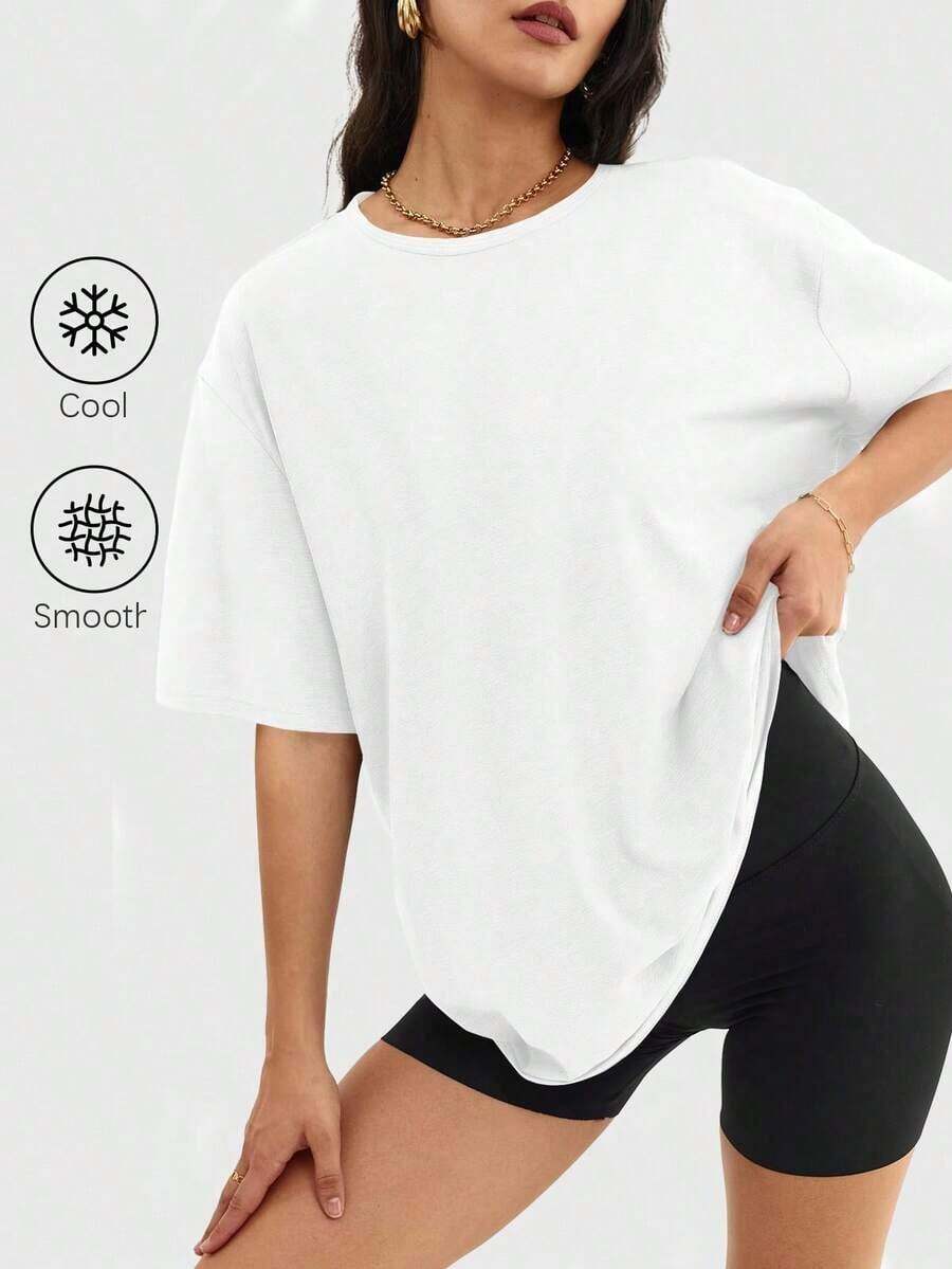 Camiseta holgada para mujer de manga corta y cuello redondo, camisa casual estilo Y2K, básica para deportes de verano - Blanco - Ver 1