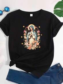 Women's T-Shirt With Virgin Mary And Flower Print - Soft And Elastic Round Neck, Casual Short Sleeve Top For Spring Summer, Comfortable Breathable Shirt For All Seasons, Vibrant Graphic Blouse, Relaxed Fit, Modern Tops, Christian Belief Print, Pure Cotton, Soft And Breathable, For Daily Wear Or At Church, Ideal For Believers And Gifts, T-Shirt With Bible Verse Print And Jesus Memorial Design, Limited Edition For Religious Festivals - 黑色 - 查看 2