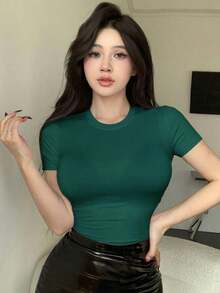 Camiseta de manga corta para mujer de ajuste ceñido, de cuello redondo y unicolor para el verano - Verde Oscuro - Ver 4
