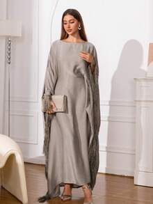 Middle East New Style Women's Arabic Fashion Abaya Long Dress, Exquisite Rhinestone Embellished Pullover Tassel Robe (Random Pattern) - Apricot - View 5