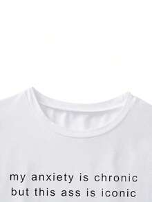 1 Piece 356T Women's Casual T-Shirt, Round Neck, Short Sleeve, White, With Letter Print, Summer, 180g, 100% Cotton - 黑色 - 查看 11