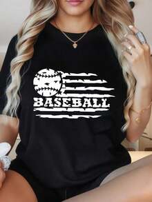 Camiseta de Mujer con Estampado Gráfico, Algodón Ligero, Verano, Camiseta Casual de Cuello Redondo y Manga Corta con Estampado, Camiseta Deportiva Casual para Mujer, Diseño de Bandera de Béisbol, Ropa de Verano para Fanáticos del Béisbol, Adecuada para Fiestas de Navidad, Actividades Deportivas, Fiestas de Vacaciones, Salidas, Deportes y Otros Regalos Festivos (220g). Oversize Camiseta Mujer Estampado 100% Algodón Puro - Negro - Ver 1