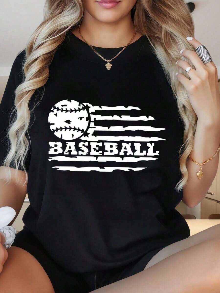 Camiseta de Mujer con Estampado Gráfico, Algodón Ligero, Verano, Camiseta Casual de Cuello Redondo y Manga Corta con Estampado, Camiseta Deportiva Casual para Mujer, Diseño de Bandera de Béisbol, Ropa de Verano para Fanáticos del Béisbol, Adecuada para Fiestas de Navidad, Actividades Deportivas, Fiestas de Vacaciones, Salidas, Deportes y Otros Regalos Festivos (220g). Oversize Camiseta Mujer Estampado 100% Algodón Puro - Negro - Ver 1
