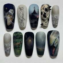 30pcs Long Almond Press On Nails - Dark Fantasy Theme With Realistic Animal Portraits And Moody Scenery, Unique Hand-Drawn Art Nails For Creative Souls, With Jelly Gel Stickers And Nail File - 黑色果凍膠 - 查看 1