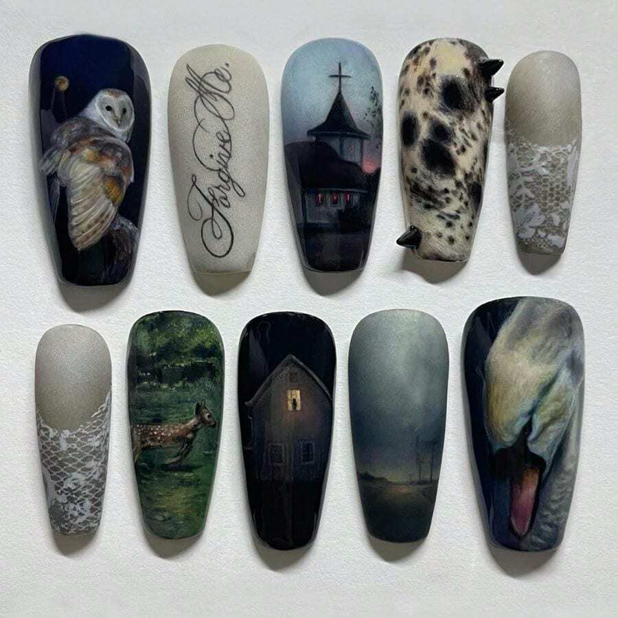 30pcs Long Almond Press On Nails - Dark Fantasy Theme With Realistic Animal Portraits And Moody Scenery, Unique Hand-Drawn Art Nails For Creative Souls, With Jelly Gel Stickers And Nail File - 黑色果凍膠 - 查看 1