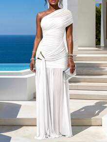 ChicMe Women's Pleated Mesh Long Dress, Gold Button High Slit Fitted Evening Party Gown - White - View 6