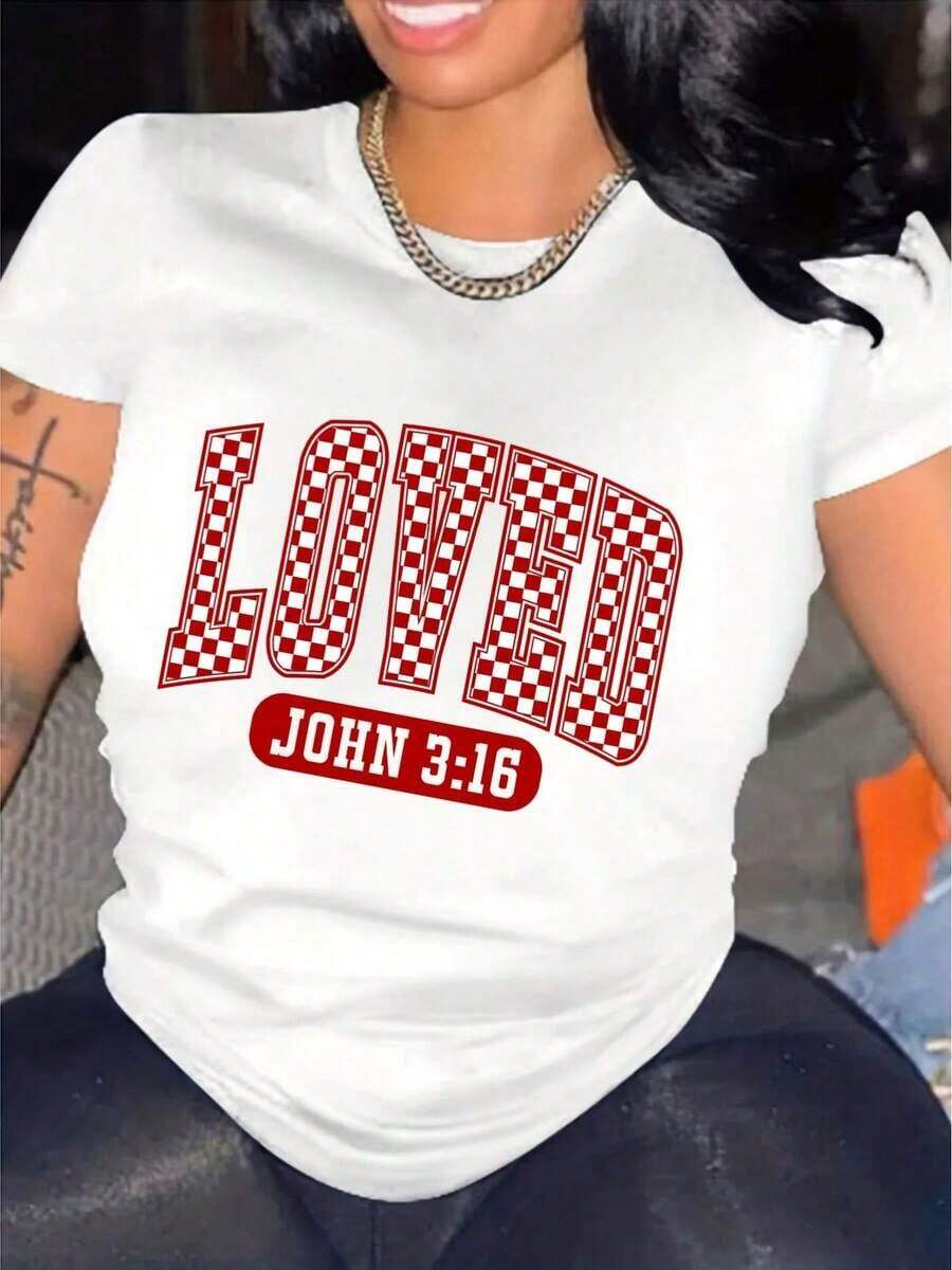 Women's Modern, Casual T-Shirt, Perfect For Parties And Lounging At Home. 100% Cotton, Loose Fit. Fashionable Women's T-Shirt With LOVED Letter Print, Casual Summer Style With Cartoon Pattern And Appliqué Details - Unisex Urban Vintage Style, Loose-Fitting Short-Sleeved Cotton T-Shirt With A Round Neck. - 白色 - 查看 1