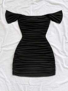 Vestido mini ajustado de punto rojo con hombros descubiertos para mujer, diseño con espalda calada, adecuado para vacaciones, citas, té de la tarde, temporada de bodas, playa, crucero, vacaciones en la ciudad, vacaciones bohemias, festivales de - Negro 2 - Ver 2
