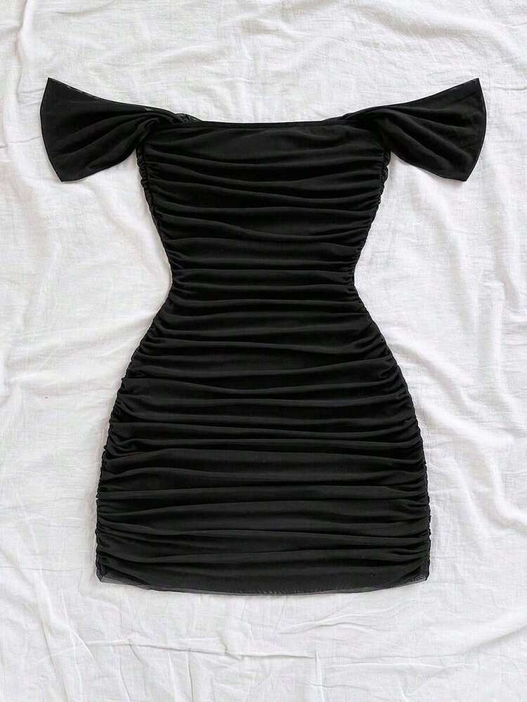 WYWH Off-Shoulder Knit Mesh Bodycon Holiday Dress - 棕色 - 查看 7