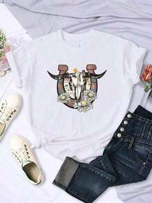 Camisetas de verano Mujer cráneo de vaca floral crisantemo imagen animada estampada Camiseta - Albaricoque - Ver 1