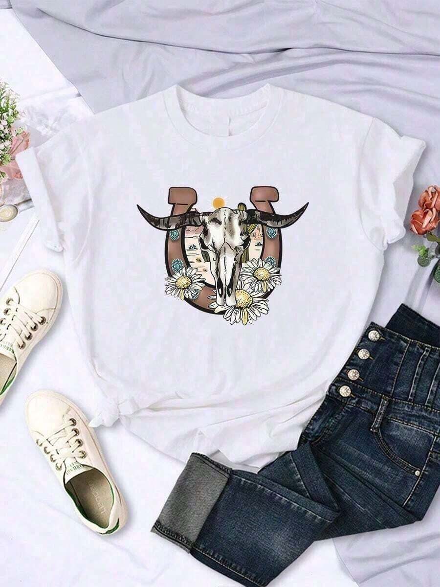 Camisetas de verano Mujer cráneo de vaca floral crisantemo imagen animada estampada Camiseta - Albaricoque - Ver 1