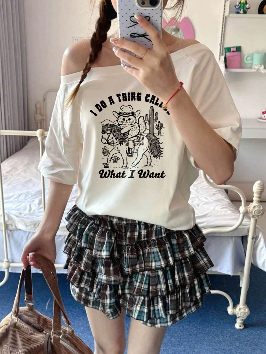 女士休闲简约露肩单字领浪漫海滩街头Y2K性感女士上衣T恤,春夏款 - 白色 - 查看 1