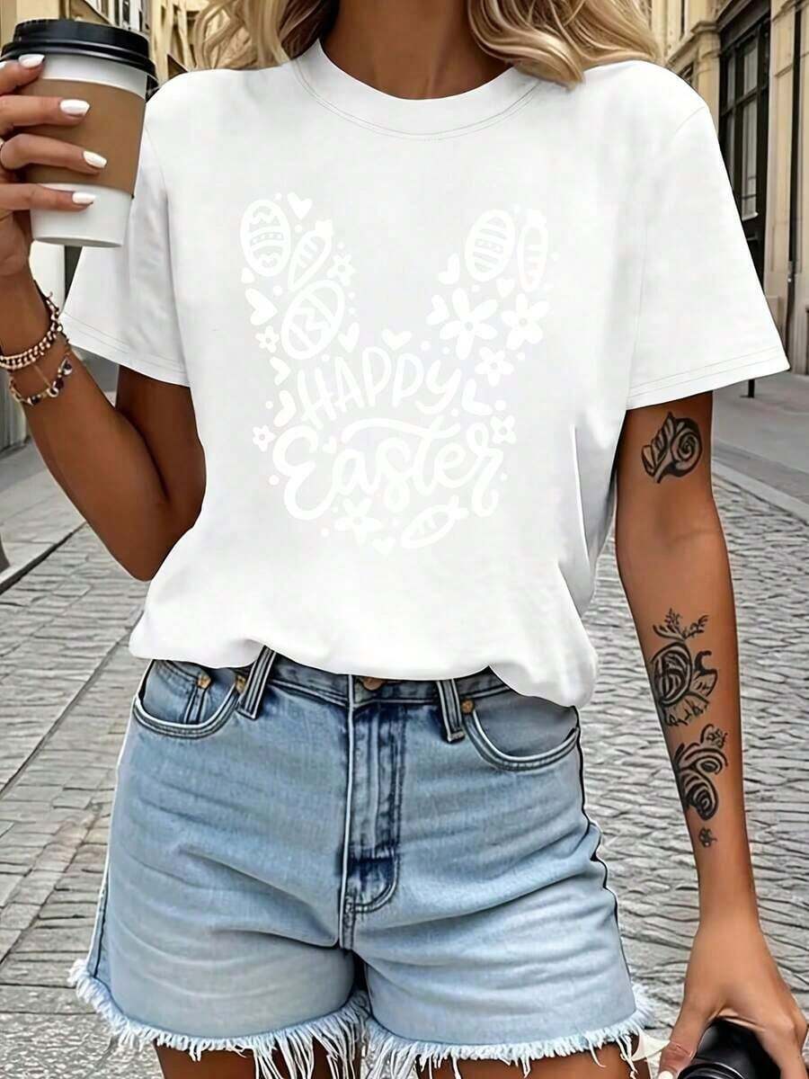 Women's Casual Summer T-Shirt, 100% Premium Cotton With Easter Theme Print, Rabbit And Egg Design, Breathable Shirt For Spring/Summer/Autumn (Machine Washable), Suitable For Casual Sportswear Outfits, Women's Pure Cotton Short Sleeve T-Shirt, Women's Round Neck T-Shirt - Unisex Loose And  Cotton Short Sleeve T-Shirt. - 白色 - 查看 1